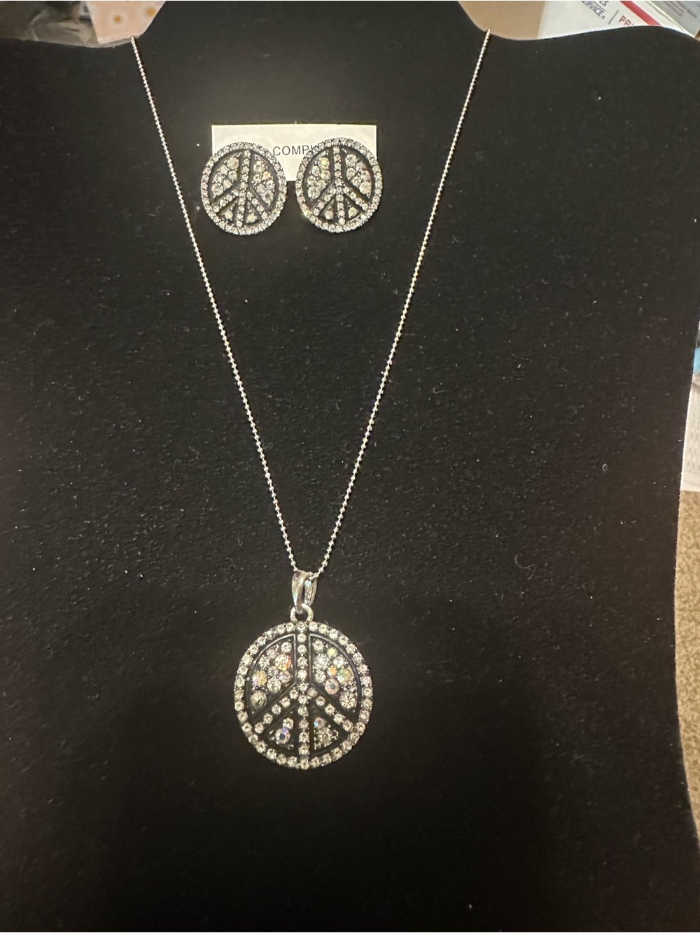 Silver Crystal Peace Sign Necklace and Earring Set